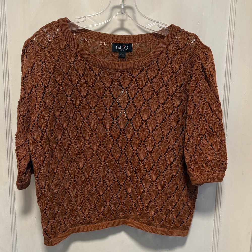 GiGiO Hazelnut Brown Knit Crochet Pleated Short Sleeve Sweater Large